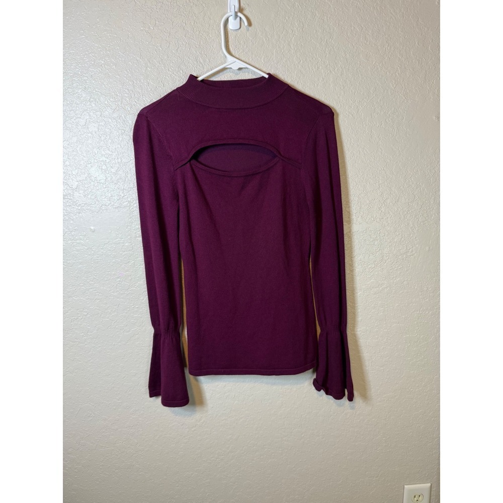 Jennifer Lopez Womens XS Top Plum Ribbed Knit Mock Neck Cut Out Flared Sleeve